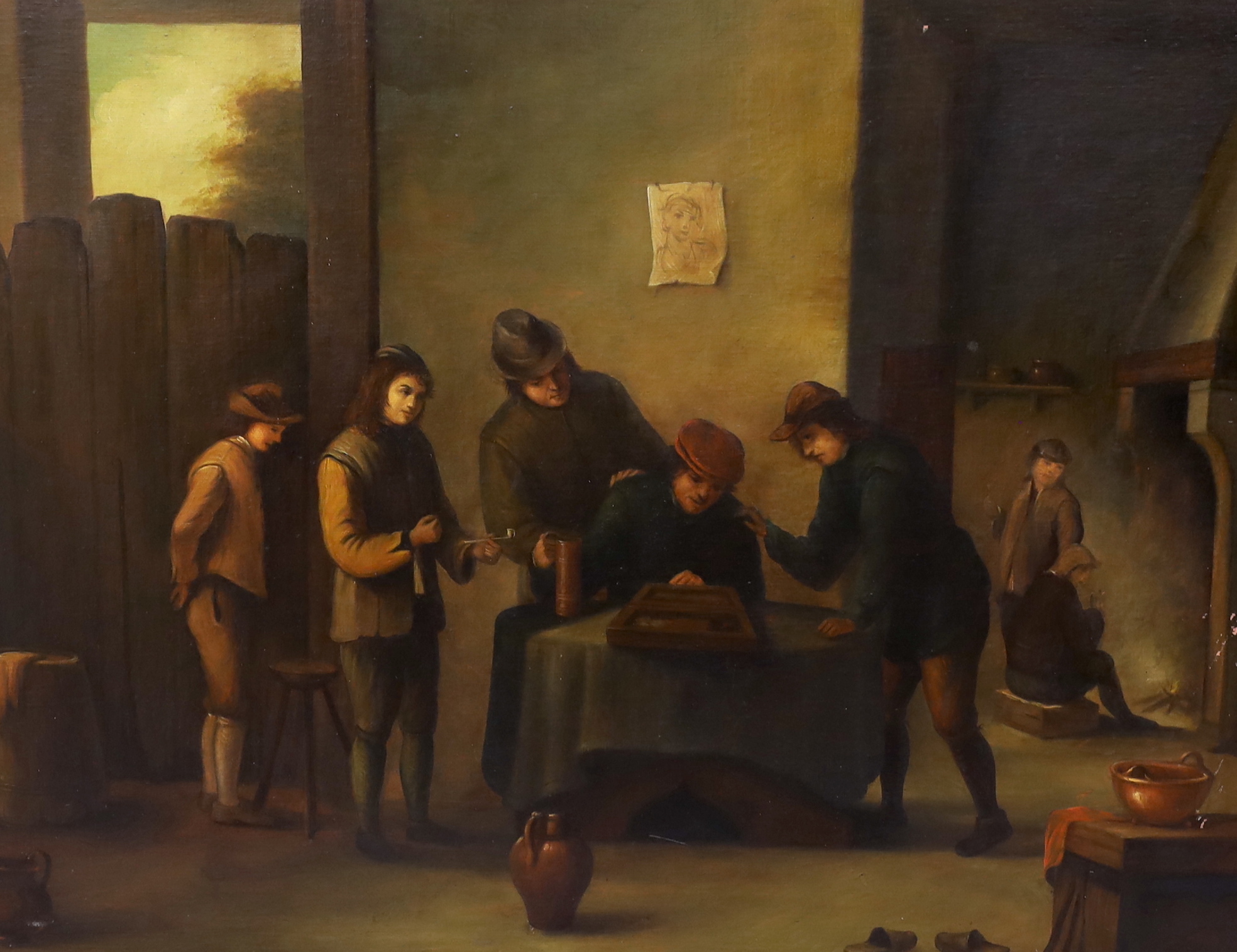 Dutch School, pair of oils on canvas, Tavern scene and Pastoral landscape, each with Galleria D'Arte inscribed labels verso, unsigned, 59 x 79cm